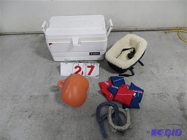 lot 28 image: Igloo Cooler, horse shoes, bean bags for tail...