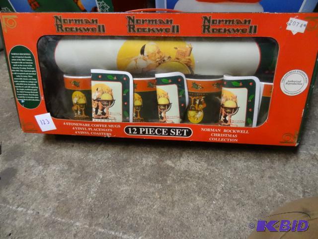 lot 123 image: Norman Rockwell 12 Piece Christmas Mug Set. N...