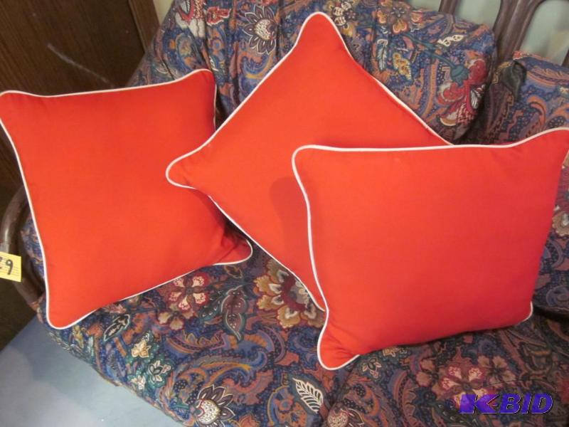 lot 148 image: Lot of (3) red with white trim pillows.  &nbs...