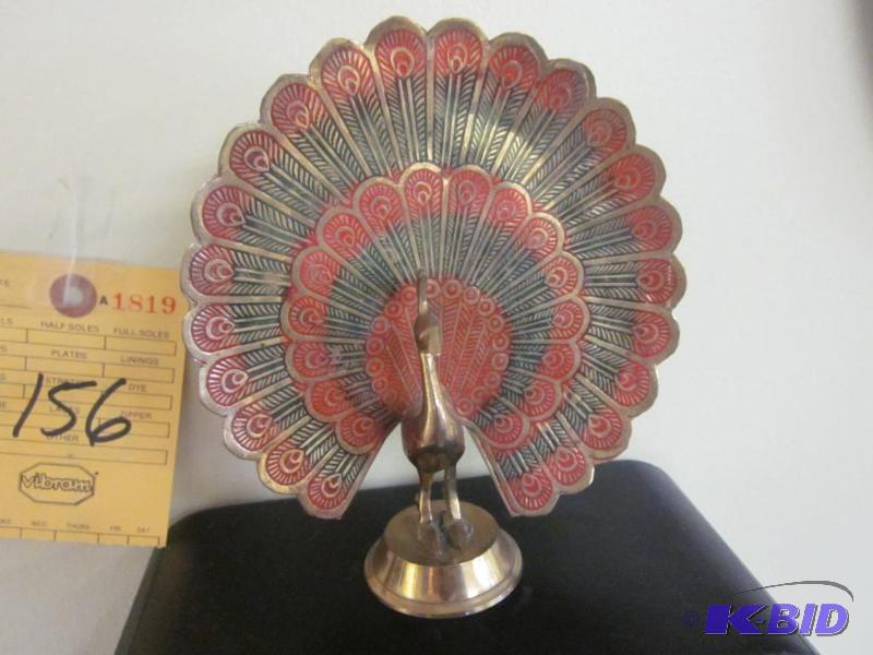 lot 156 image: 8 inch enameled brass peacock unknown origin....