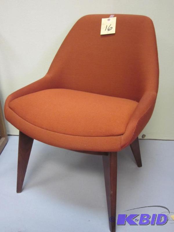lot 16 image: Rare Mid Century orange fabric solid wood bas...