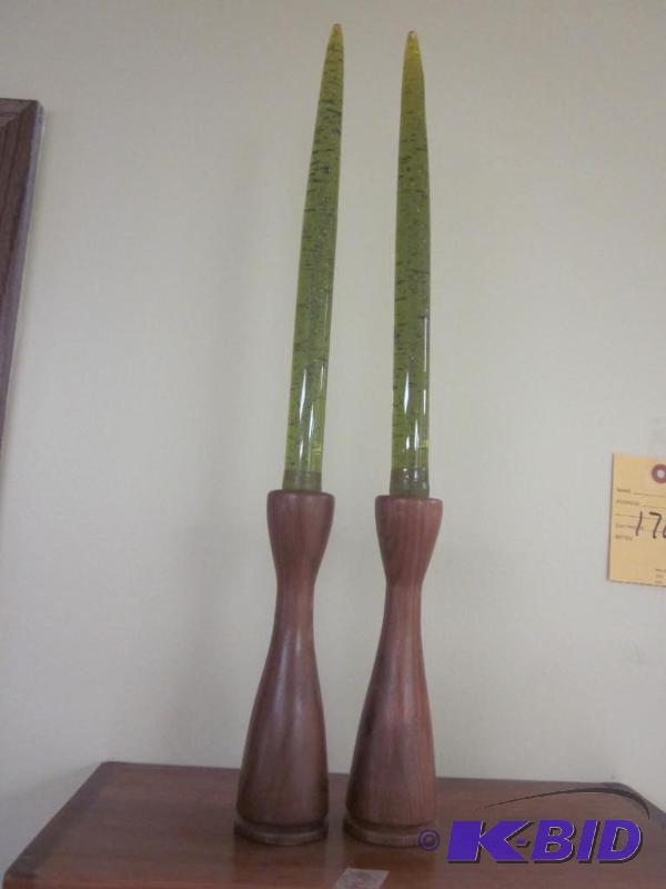 lot 171 image: Pair of solid wood Mid Century Candle holders...