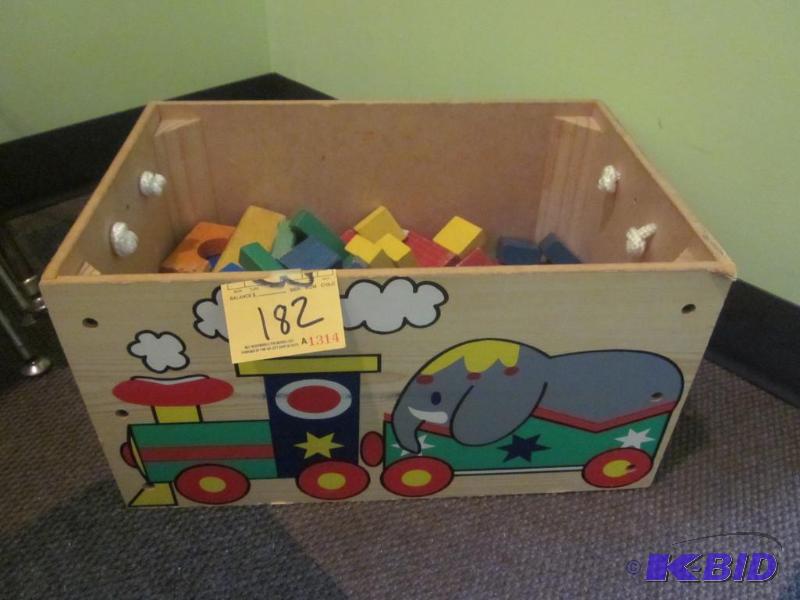 lot 182 image: Solid wood child toy box filled with a variet...