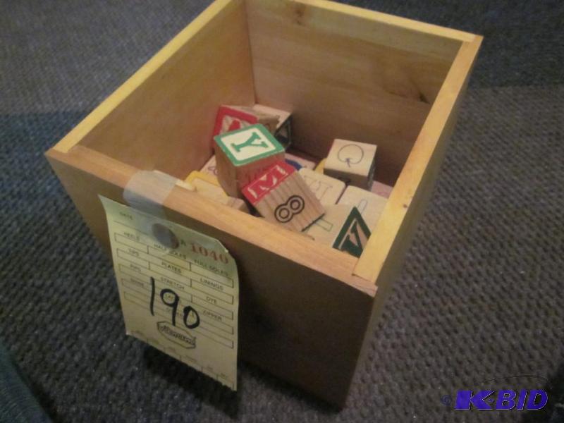 lot 190 image: Solid wood drawer filled with old blocks.  &n...