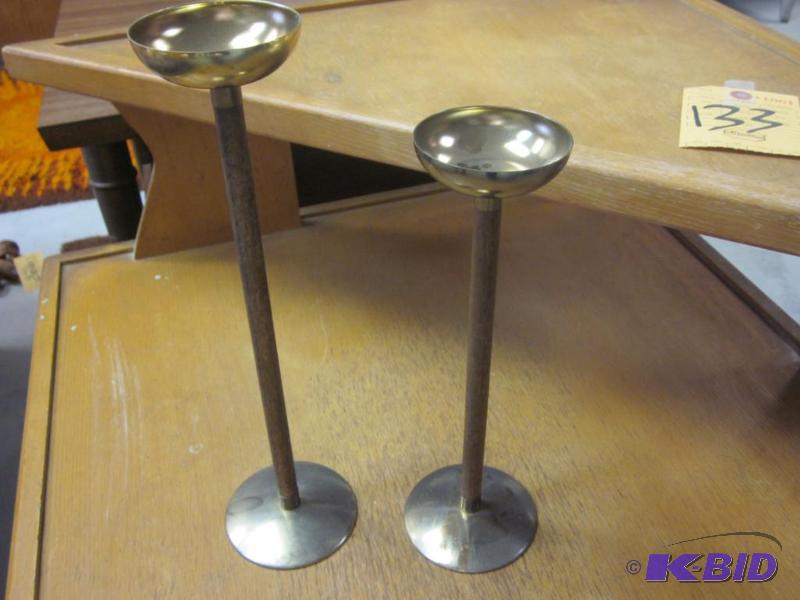 lot 205 image: Pair of Mid Century wood and metal candle hol...