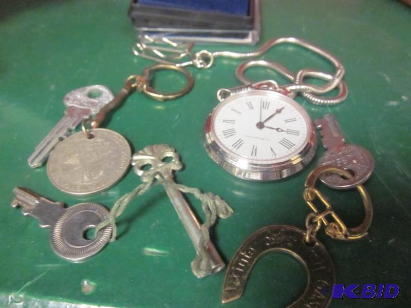 lot 237 image: Lot includes old keys, Coin, and pocket watch...