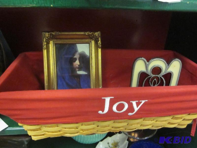 lot 240 image: Joy basket, framed print and glass angel cand...