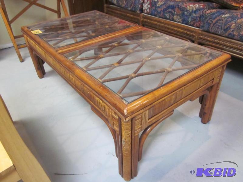 lot 28 image: Wicker Rattan and glass coffee table, in goo...