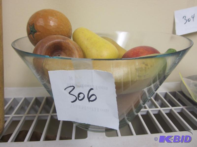 lot 306 image: Glass bowl with hand carved wood fruit. ...