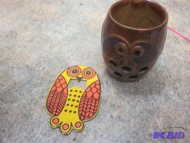 lot 313 image: Owl candle holder and metal owl bottle opener...