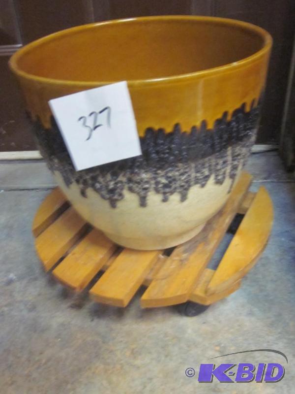 lot 327 image: Large drip glaze planter and wood plant stand...