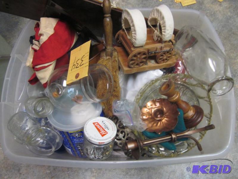 lot 334 image: Bin of miscellaneous flee market items. ...