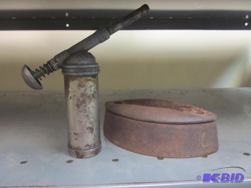 lot 343 image: Antique iron and grease gun.      &...