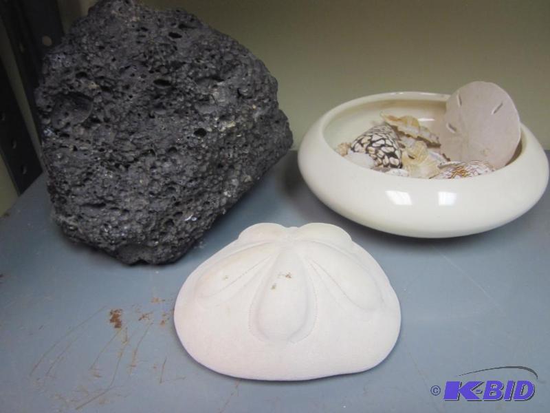 lot 350 image: Volcanic rock, shells, and ceramic bowl. ...