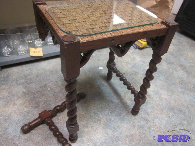 lot 356 image: Antique wood side table, with glass top, tabl...