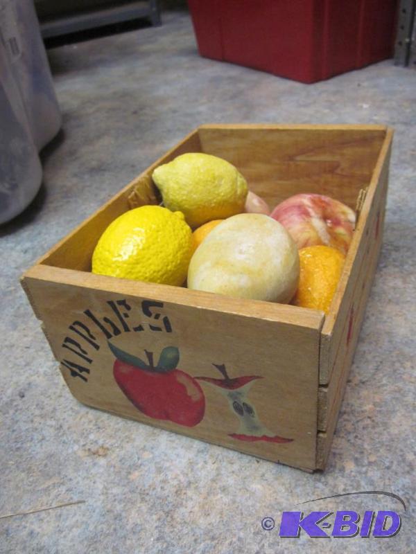 lot 359 image: Wood crate box with alabaster fruit.   &...