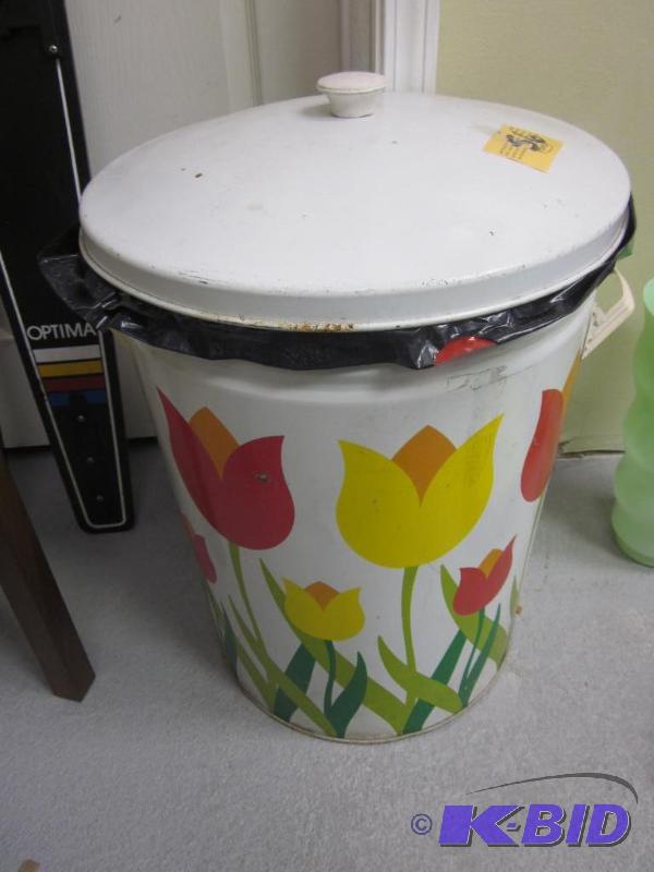 lot 56 image: Large metal garbage can with flower art with ...