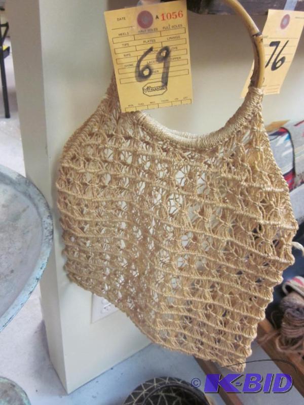 lot 69 image: Hand woven purse or bag with wood handle.  &n...