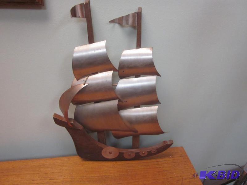 lot 88 image: 15 inch copper metal and wood ship wall hang....