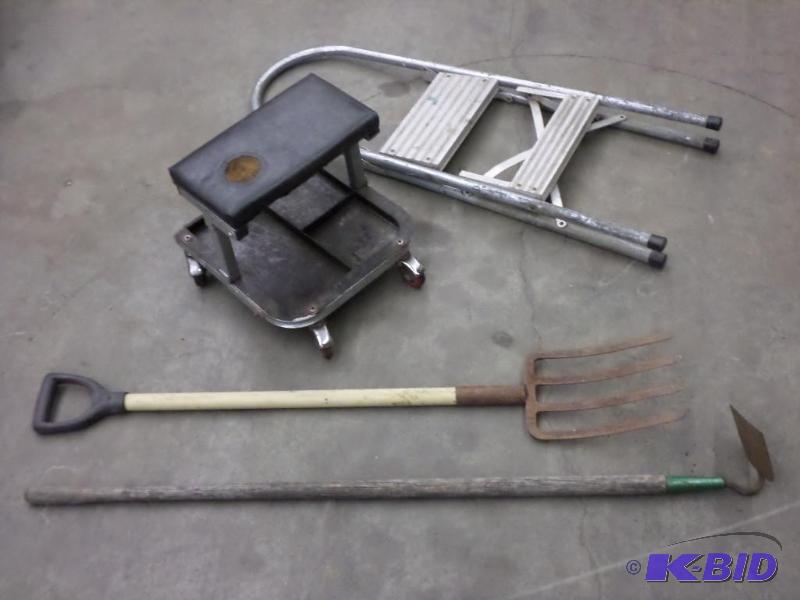 lot 31 image: Lot Of (2) Hand Tools, (1) Step Stool, (1) Wo...