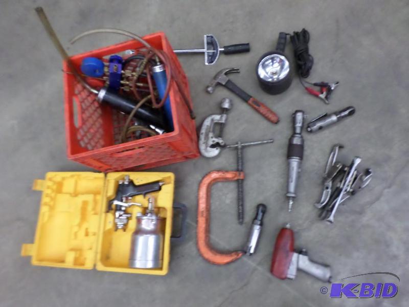 lot 38 image: Tote Of Misc Air Tools, Hand Tools, Clamps, ...