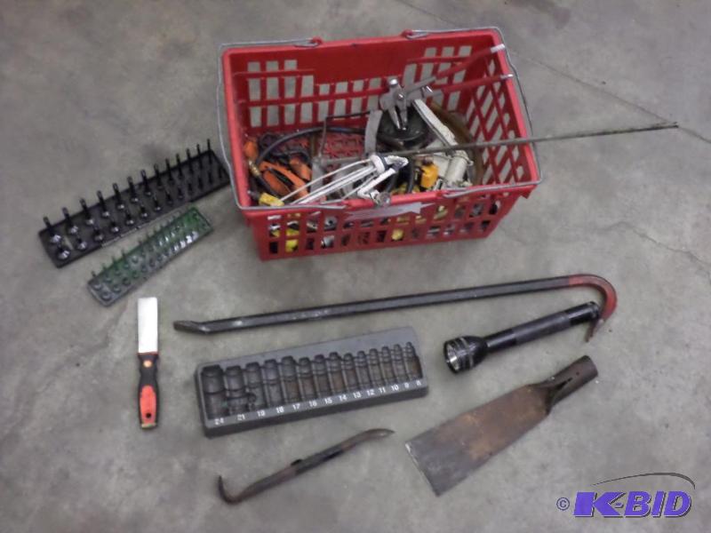 lot 53 image: Tote Of Misc Socket Strips, Tools, Etc...