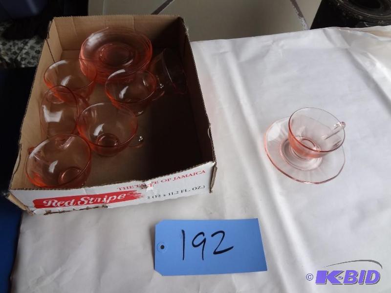 lot 192 image: (7) Pink Depression Glass Cups and Saucers