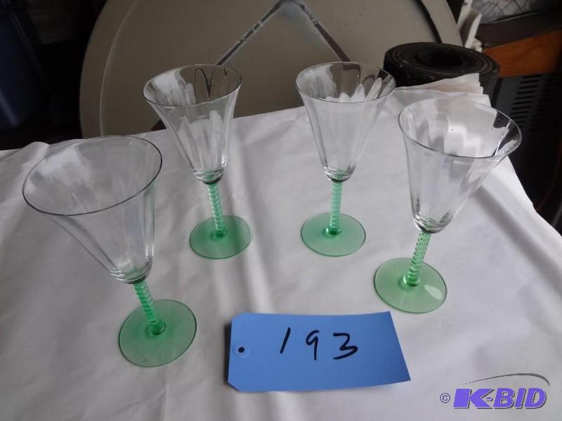 lot 193 image: (4) Green Stemmed Wine Glasses, one cracked