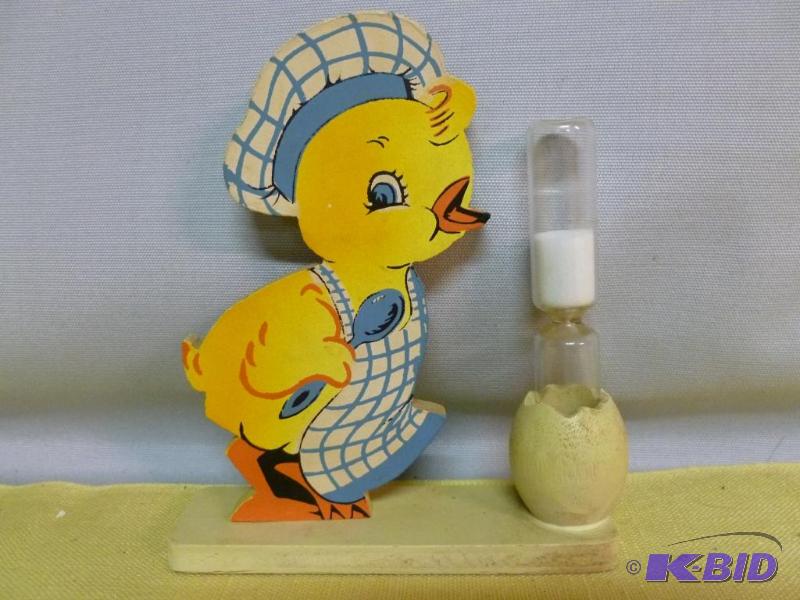 lot 100 image: Vintage wooden chick, kitchen hour glass time...