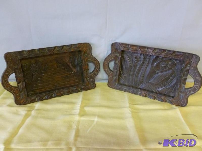 lot 218 image: Lot of two large hand carved wooden trays tha...