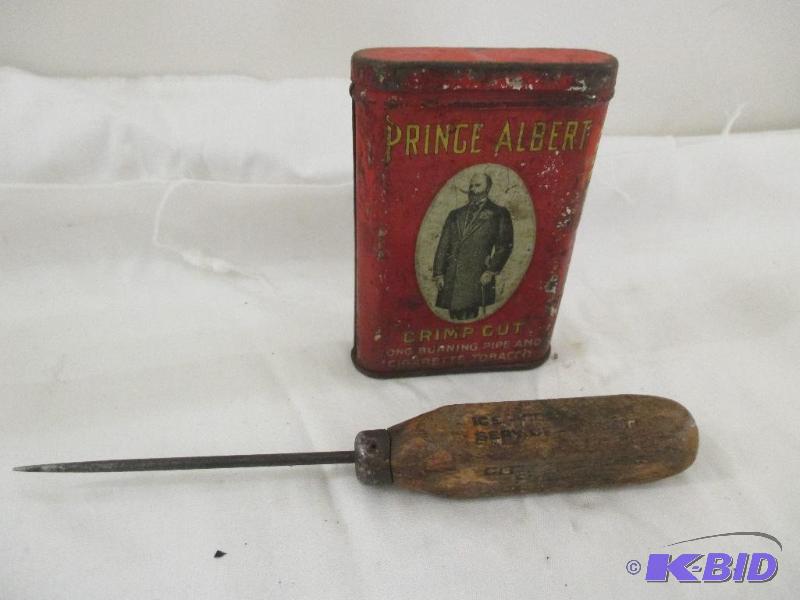 lot 31 image: Vintage Ice pick, Prince Albert Cigarette tobacco Can
