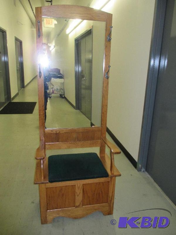 lot 6 image: Oak 3 shelf stand and seat