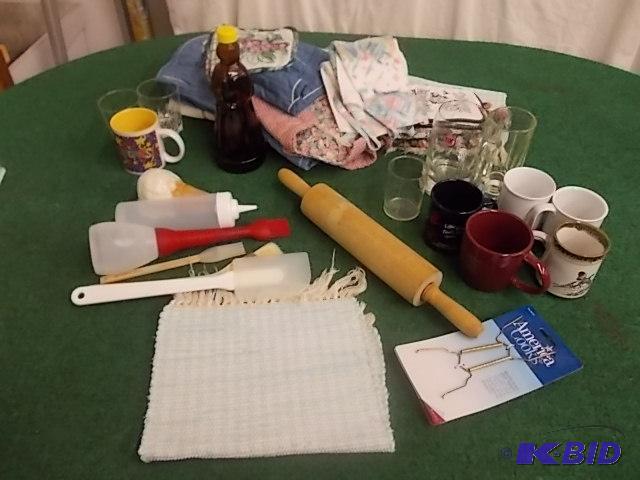 Box Lot Of Kitchen Utensils, Mugs, Linens, Ro...