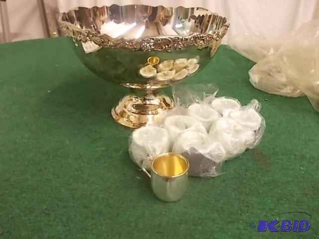 Large Silver Plate Punch Bowl With 8 Silver P...