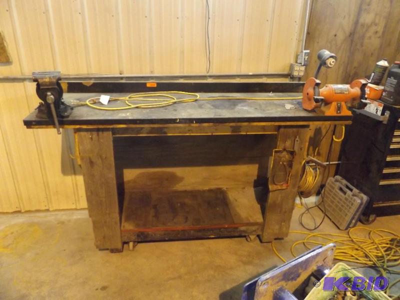 work bench with vise and attached grinder...