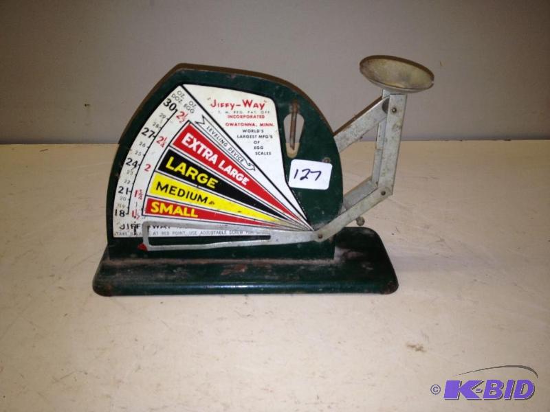 lot 127 image: Vintage Tin Egg Scale  Works as designed ...