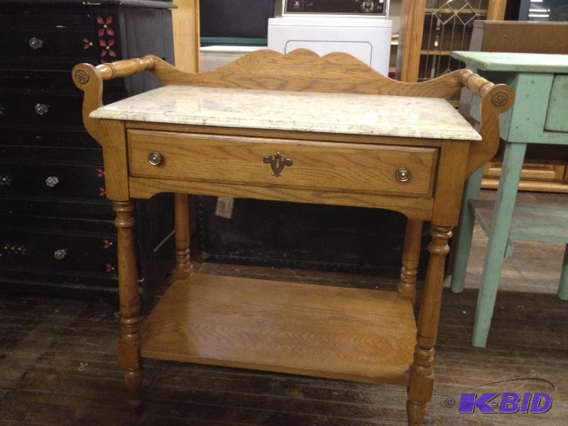 lot 168 image: Marble Top Solid Oak Side Table