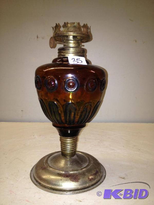 lot 35 image: Vintage Hand Painted Oil Lamp  Missing Globe,...