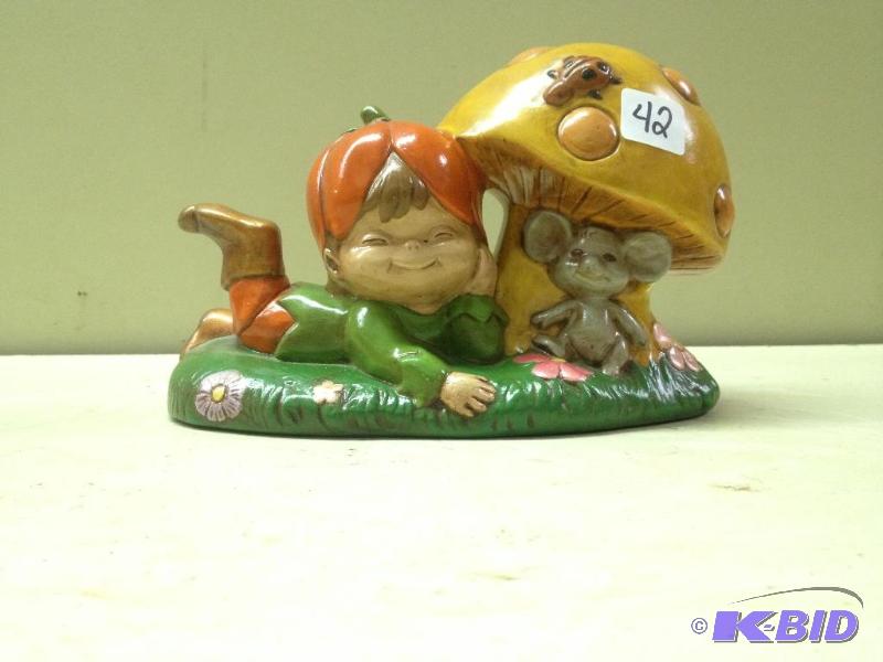 lot 42 image: Vintage Ceramic Mushroom w happy boy and mou...