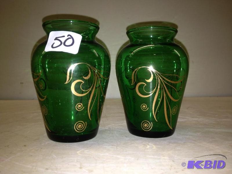 lot 50 image: Pair of Vintage Green Glass Small Vases...