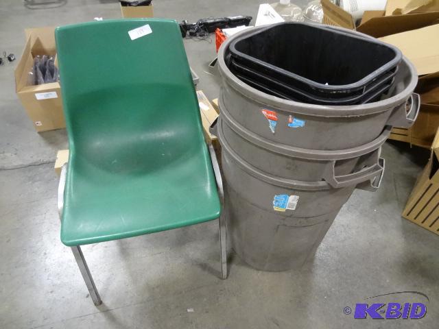 lot 158 image: Garbage Cans and Metal Framed Chair...