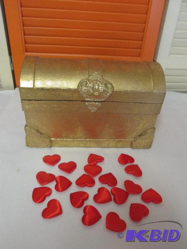 Charming Little Gold Treasure Chest and a BUNCH of Puffy Red Hearts