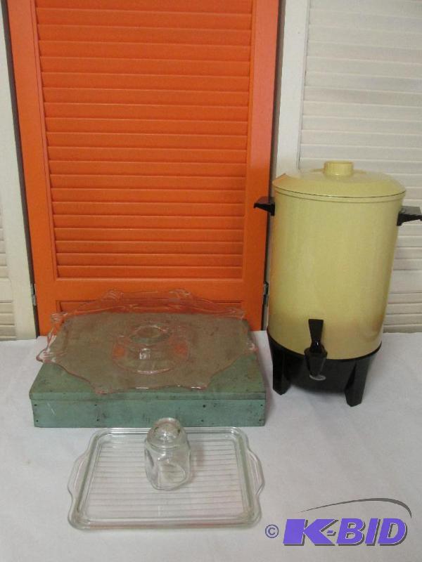 Large Coffee Pot -- Gorgeous Etched Glass Pedestal Desert Plate -- Serving Tray - Jar with Lid