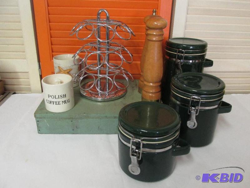 Ceramic Canister Set -Salt Shaker and Pepper Grinder - Coffee Pod Holder - 2 Coffee Cups