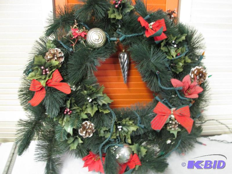 24 Lighted Wreath Adorned with Bows, Balls, and Pine Cones