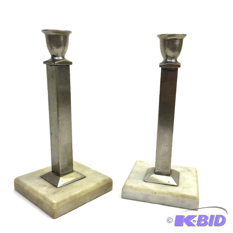 lot 23 image: Antique silver plated candle sticks with carrara marble Bases