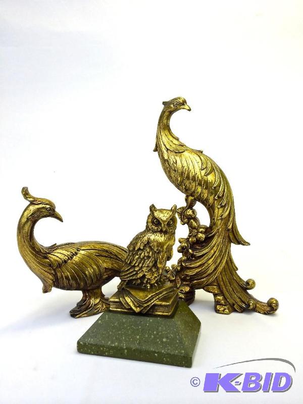 lot 28 image: 2 TALL Vintage Syroco Large Decorative Gilt birds with an vintage Owl statue