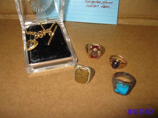 Very old heart necklace, 4 mens rings includ...