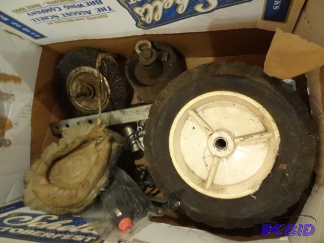 lot 104 image: Misc Lawn Mower Wheels. Axle Bolts. Wire Whee...