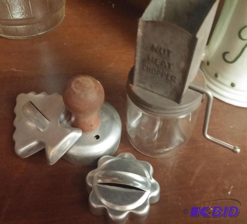 Old nut grinder metal and glass plus old cook...